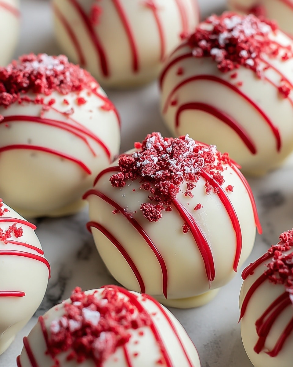 A close-up view of multiple round white chocolate truffles placed on a white marbled surface, each truffle has a smooth white chocolate coating with thin red lines drizzled artistically across the top and sides; the top of each truffle is garnished with small red crumb-like pieces and a light dusting of white powder, creating a textured contrast over the smooth white base. Photo taken with an iphone --ar 4:5 --v 7