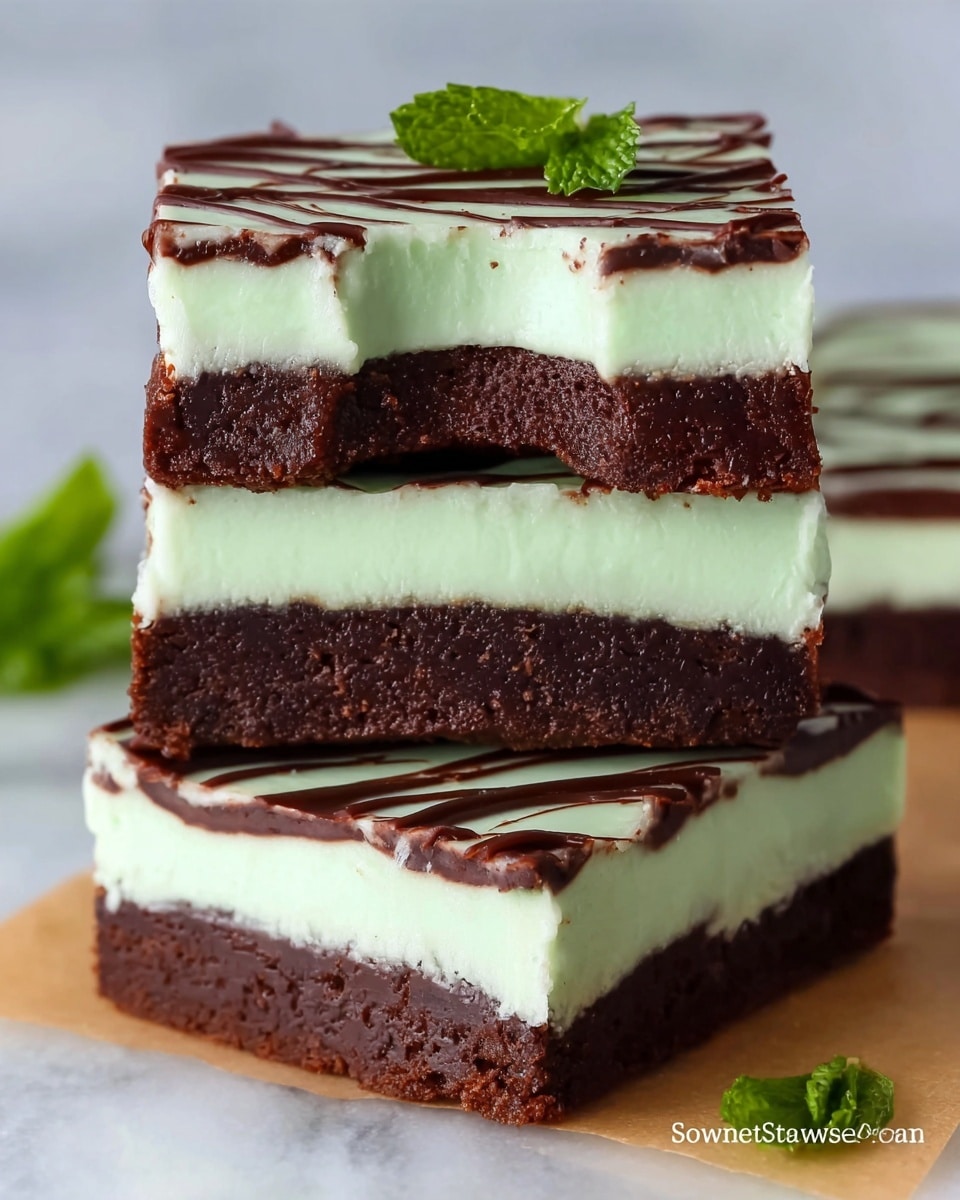 The image shows a close-up of a two-layer dessert bar. The bottom layer is thick, dark brown, and smooth, resembling a rich chocolate base. The top layer is a thick, creamy white frosting or mousse with a soft texture. It is decorated with thin, uneven black chocolate drizzles running diagonally across the top. The dessert is being held with a spatula, and the background is a white marbled texture with some green leaves blurred in the back. photo taken with an iphone --ar 4:5 --v 7