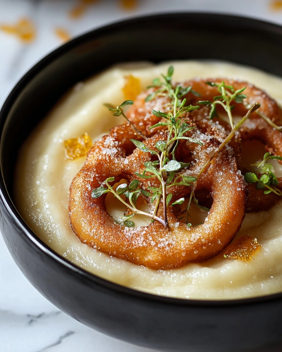 A black bowl filled with a smooth, creamy, pale yellow base with a soft texture, topped by two golden brown fried dough rings sprinkled with granulated sugar and small pieces of candied sugar. Fresh green herb sprigs rest atop the dough rings, adding a touch of color contrast. The background features a white marbled texture, softly blurred to keep focus on the bowl. photo taken with an iphone --ar 4:5 --v 7