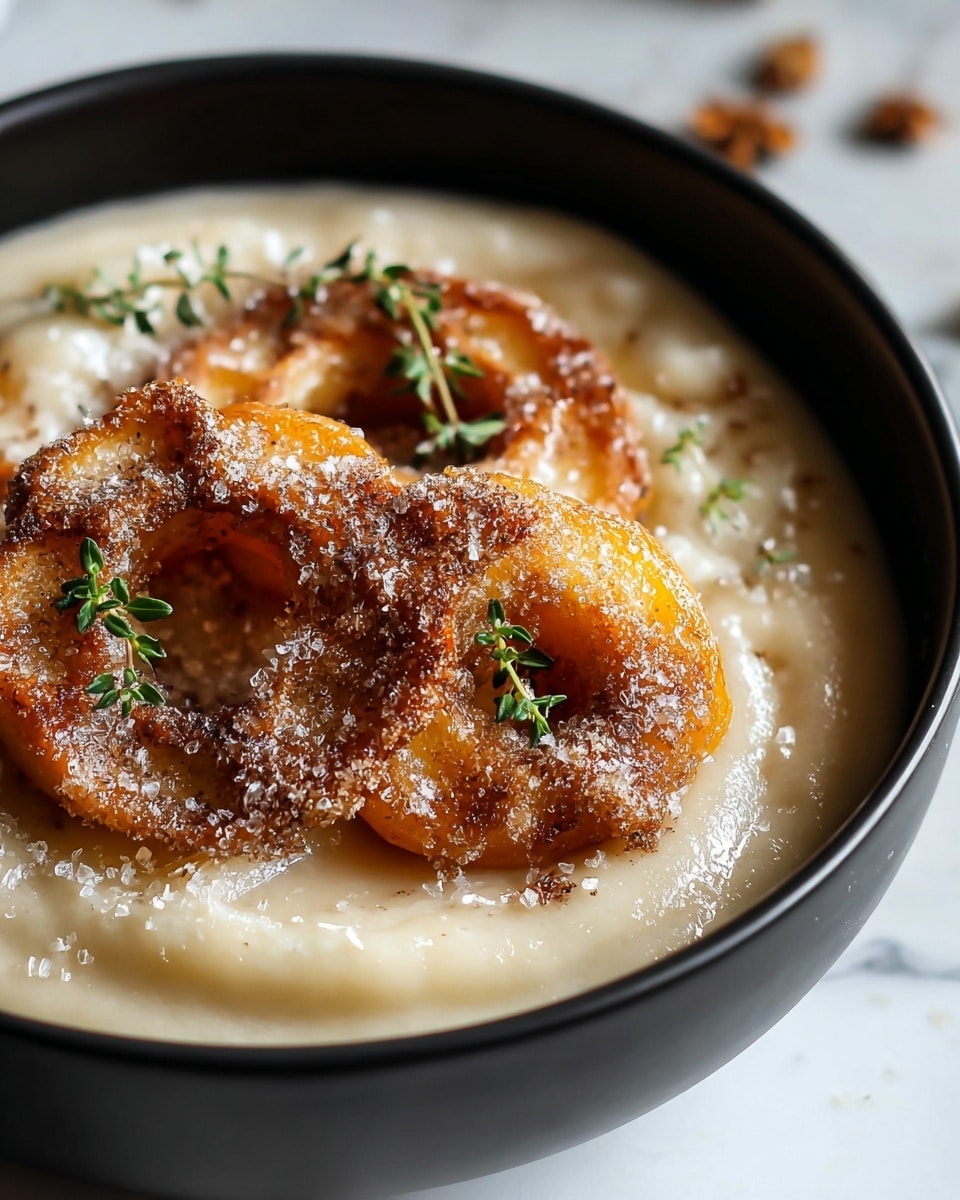 The image shows a close-up of a black bowl filled with a creamy, smooth light beige pudding. On top of the pudding, there are two golden-brown fried donut rings covered with a glossy cinnamon sugar coating and sprinkled with powdered sugar. Small green herb leaves, possibly thyme, are placed on the donuts for decoration. The bowl sits on a white marbled surface with soft natural light highlighting the textures and colors. photo taken with an iphone --ar 4:5 --v 7