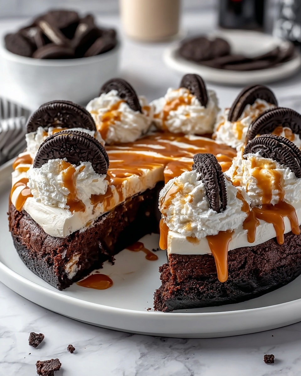 This image shows a white round plate holding several slices of a layered dessert. The bottom layer is thick, dark, and crumbly like chocolate cookie crust. The middle layer is creamy, pale beige with visible dark cookie chunks. Each slice is topped with swirled white cream dollops, a small whole chocolate sandwich cookie placed on top, and drizzled with shiny dark chocolate sauce. Some slices have small golden crumb sprinkles scattered across. The background features a blurry blue and white outdoor scene with a white marbled surface below. photo taken with an iphone --ar 4:5 --v 7