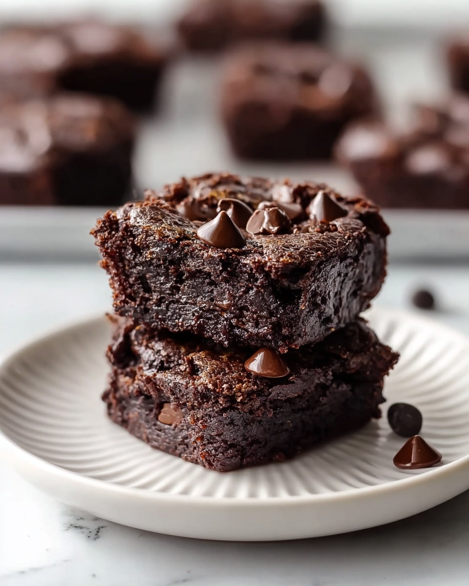 A white plate holds seven small, rich chocolate brownies with a rough, moist texture and a dark brown color. Two brownies are stacked in the center, showing their thick, dense layers with shiny, melted chocolate chips sprinkled on top, which add a slightly glossy texture. Around them, the other brownies are placed in a loose circle, slightly blurred, with a few loose chocolate chips scattered on the white plate. The plate rests on a white marbled surface, creating a clean and simple background. photo taken with an iphone --ar 4:5 --v 7