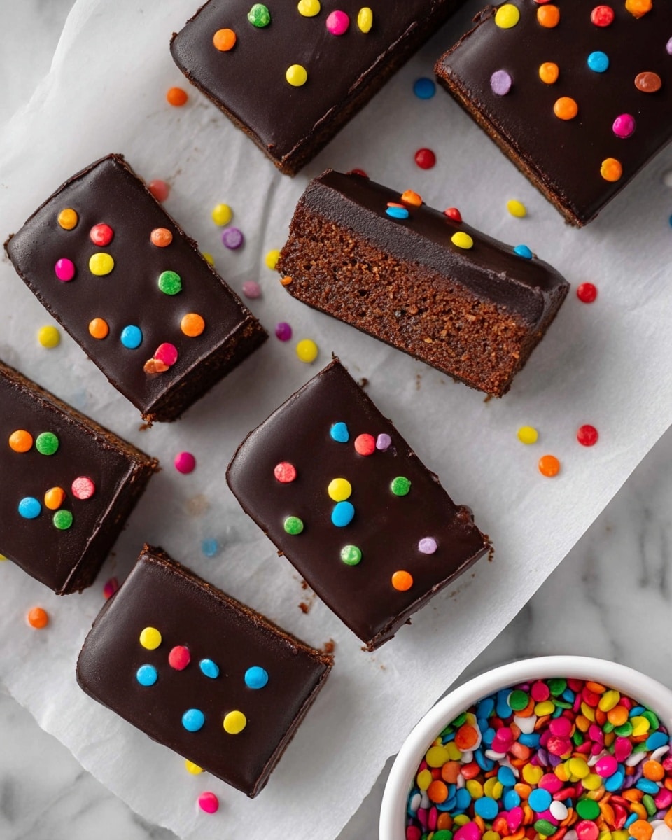 The image shows a close-up of a rectangular chocolate brownie with two layers. The bottom layer is thick, dark brown, and moist with a dense texture. The top layer is a smooth, dark chocolate ganache covering the entire surface. On top of the ganache are small, colorful round candy sprinkles in red, blue, yellow, orange, green, and pink scattered evenly. The brownie is positioned on white parchment paper over a white marbled surface. In the background, more brownies with the same decoration are slightly blurred, and a white bowl filled with the same colorful candies is partially visible. Photo taken with an iphone --ar 4:5 --v 7