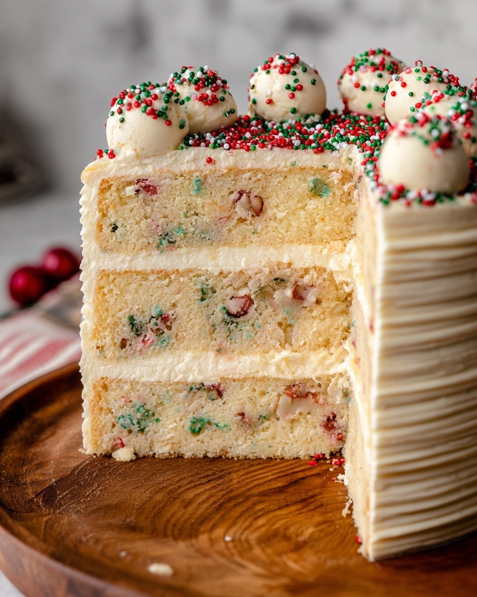 A tall slice of three-layer vanilla cake sits on a round wooden board. Each cake layer is light yellow with visible soft crumbs. Between the layers is a creamy white frosting speckled with small red and green bits, giving a fun festive look. The outside of the cake is smooth white frosting, thickly spread around the sides with tiny ridges. On top, there are many small round dollops of white frosting mixed with colorful red and green sprinkles, piled generously across the surface. The background is a white marbled texture with soft lighting highlighting the cake’s details. photo taken with an iphone --ar 4:5 --v 7