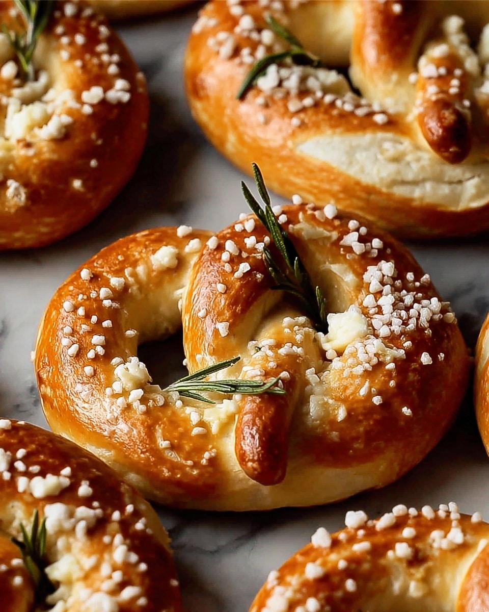 The image shows several golden brown bagels with a shiny surface, sprinkled generously with coarse white salt crystals and sprinkled with fresh rosemary leaves. Each bagel has an irregular, soft texture with visible cracks and small pockets. The bagels are close together, on a white marbled countertop. The sunlight highlights the bagels' glossy, baked surface and the bright green of the rosemary. Photo taken with an iphone --ar 4:5 --v 7