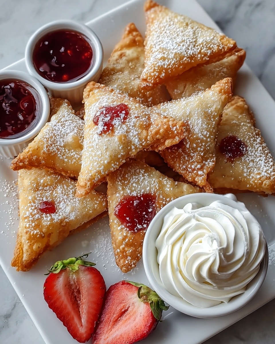 A white square plate holds a layer of crispy golden triangle-shaped fried pastries sprinkled lightly with powdered sugar. Some pastries have small spots of red jam oozing from their tops. On the right side of the plate, there is a small white cup filled with white whipped cream, swirled on top. Next to it, two halves of a bright red strawberry with visible seeds and green leaves lay on the plate. At the top left corner of the plate, another small white cup contains a dark red jam or sauce. The plate is set on a white marbled surface. photo taken with an iphone --ar 4:5 --v 7