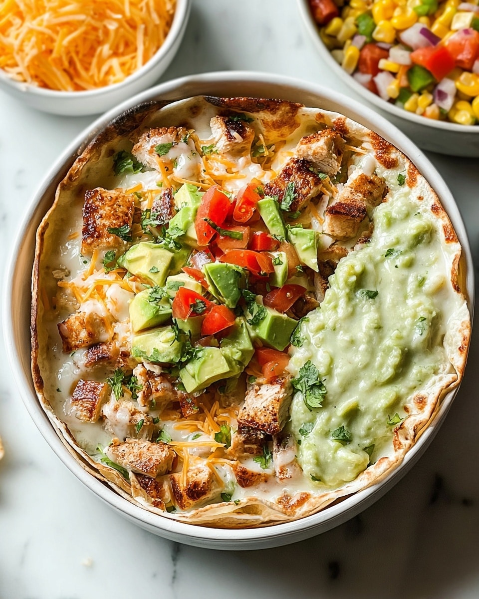 The dish shows a white bowl filled with a folded toasted tortilla as the base layer, topped with creamy melted white cheese and shredded orange cheddar cheese mixed in, covering pieces of browned grilled chicken scattered throughout. On top, there are chunks of fresh green avocado, small red tomato pieces, and sprinklings of chopped green cilantro which add bursts of color. On one side inside the bowl, there is a creamy pale green guacamole texture filling in a section next to the folded tortilla. The background is a white marbled texture with partial views of two white bowls, one containing a light dip and another with bright yellow corn and diced vegetables. Photo taken with an iphone --ar 4:5 --v 7