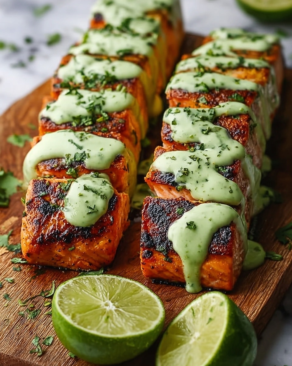 The image shows four pieces of grilled salmon lined up on a wooden board, each fillet covered with a thick, green herb sauce drizzled on top in a wavy pattern. The salmon has a rich, dark brown crust with visible seasoning and small green herb bits scattered over it. To the left side of the front salmon piece, there is a wedge of lime resting on the board. The background is blurred but hints at more lime wedges. The setting is on a white marbled texture surface. Photo taken with an iphone --ar 4:5 --v 7