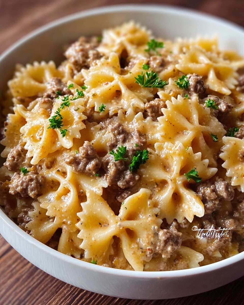 A close-up view of a white bowl filled with cooked farfalle pasta mixed with small pieces of browned ground meat. The pasta is covered with a creamy, light brown sauce that has a smooth texture. Small green parsley leaves are scattered on top, adding a fresh touch of color. The dish sits on a wooden surface, but the focus is mainly on the layers of pasta, meat, and sauce inside the bowl. photo taken with an iphone --ar 4:5 --v 7