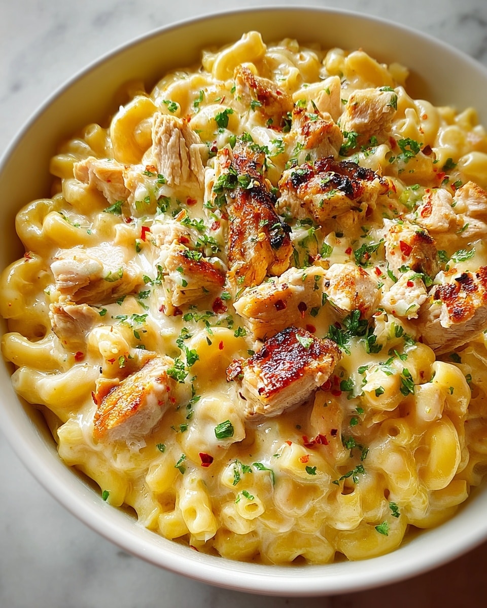 A white bowl filled with creamy macaroni pasta as the base layer, colored light golden yellow with a smooth and cheesy texture. On top, there are chunks of grilled chicken pieces, light brown with charred marks, scattered across the noodles. The dish is sprinkled with finely chopped green herbs and small bits of red chili flakes, adding specks of green and red over the creamy pasta and chicken. The overall look is warm, hearty, and richly textured against a white marbled background. photo taken with an iphone --ar 4:5 --v 7
