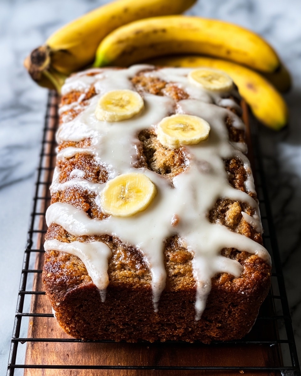 A square banana bread loaf sits on a black cooling rack over a white marbled surface, topped with creamy white icing spread unevenly across the top, letting the textured golden-brown crust and darker cinnamon swirls show. There are thin banana slices baked into the top, with three visible soft yellow rounds embedded in the icing and bread. Around the loaf, there are three ripe bananas with brown spots on their yellow skin, adding a natural element to the scene. photo taken with an iphone --ar 4:5 --v 7