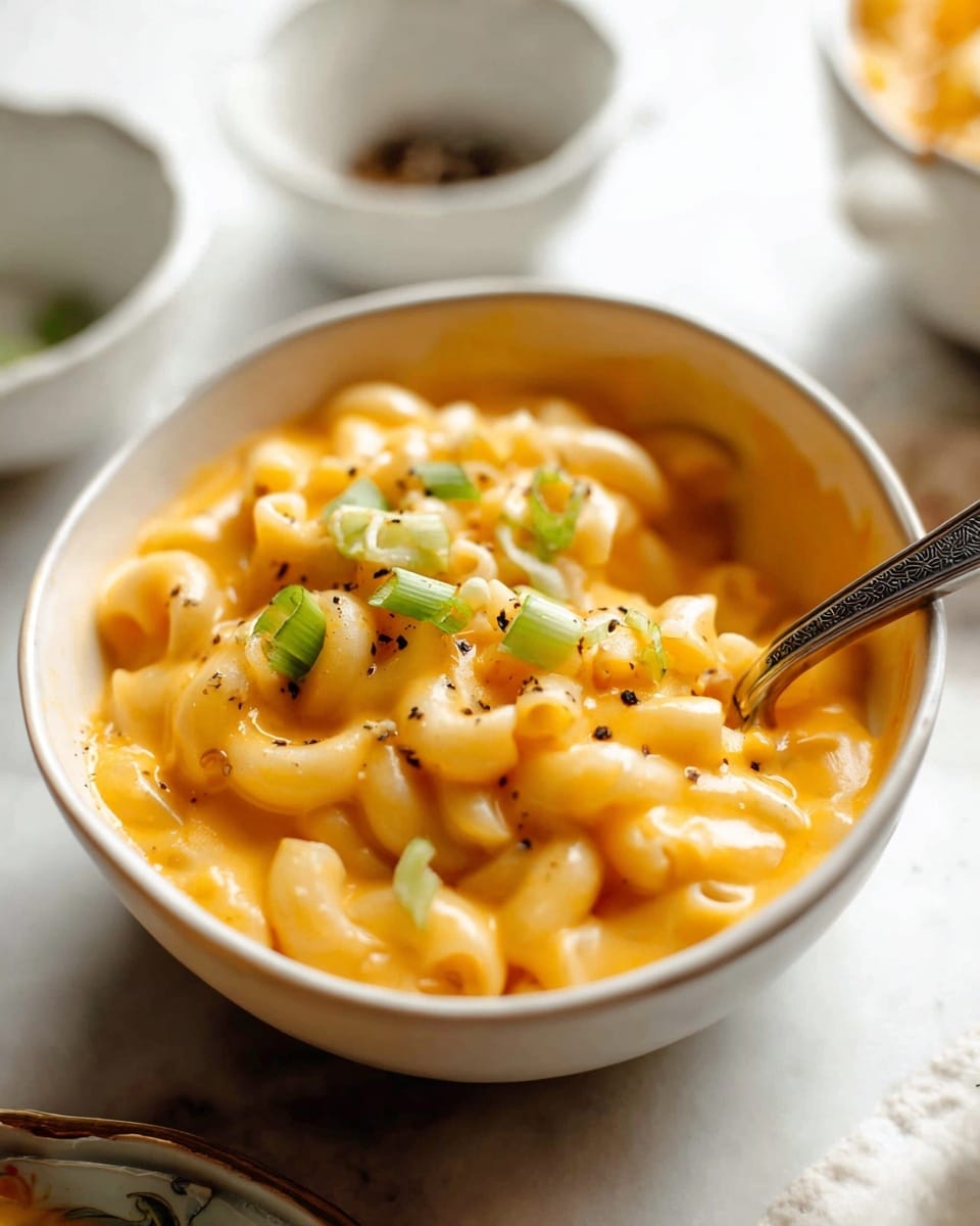 A close-up of a bowl filled with creamy, bright orange macaroni and cheese. The dish has one main layer of soft, curved macaroni noodles covered in the thick cheese sauce. On top, small green pieces of chopped scallions and black pepper bits add color and texture. A silver spoon is partially inside the bowl, resting on the noodles. The bowl is white and placed on a white marbled surface with some blurred white dishes and bowls in the background. photo taken with an iphone --ar 4:5 --v 7