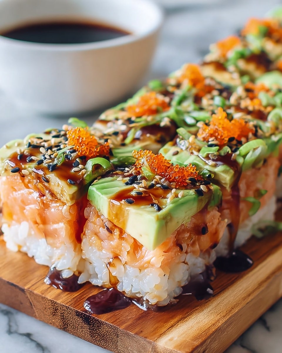 This image shows several pieces of sushi neatly arranged on a wooden board. Each sushi piece has three layers: the bottom layer is white sticky rice, the middle layer is pinkish-orange cooked salmon, and the top layer is light green avocado slices. The sushi is drizzled with a dark brown sauce and sprinkled with black and white sesame seeds along with small orange fish roe. Finely chopped green onions are scattered on top for garnish. In the background, a white bowl with dark soy sauce sits on a white marbled surface. photo taken with an iphone --ar 4:5 --v 7