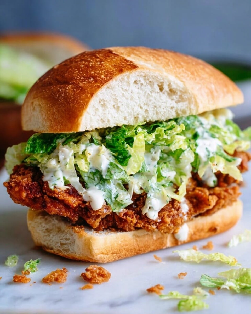 The image shows a sandwich with three main layers on a white crusty bun, placed on a white marbled surface. The bottom layer is the bottom half of the white bread bun, soft and slightly fluffy inside. On top of that is a thick layer of crispy, golden-brown fried chicken with a crunchy texture. The third layer is a generous amount of fresh, green lettuce coated in a creamy, white dressing, piled high and spilling over the edges of the bun. The top half of the bun is slightly toasted with a light golden color, resting loosely on top. Some loose bits of lettuce and crumbs are scattered around the sandwich, adding to the fresh and homemade feel of the image. Photo taken with an iphone --ar 4:5 --v 7