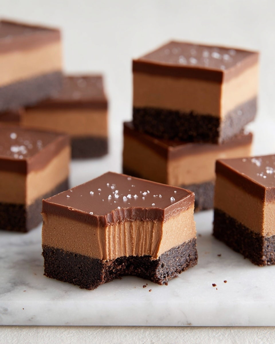 Several square chocolate desserts are arranged on a white marbled surface, each showing two distinct layers: a dark, crumbly bottom layer and a thicker, smooth, milk chocolate layer on top. One piece in the foreground has a bite taken out of it, revealing the creamy texture inside and the contrast between the dark base and light brown top layer. In the background, two squares are stacked neatly, showing the clean cut edges and smooth surfaces. The scene looks simple and clean with natural lighting. Photo taken with an iphone --ar 4:5 --v 7