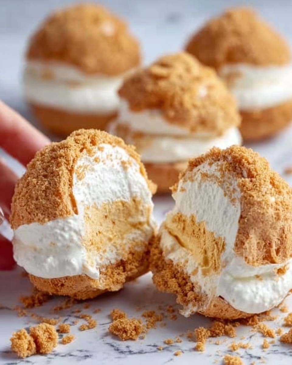 The image shows four cream puffs on a white marbled surface, each covered with white cream and topped with a light brown crumbly layer. One cream puff is cut open, revealing two inside layers: a thick, creamy light brown filling at the center and a white outer cream layer surrounding it. The cream puffs have a golden brown base that looks slightly crispy, and some crumbs are scattered around them. A woman's hand is gently touching one cream puff. Photo taken with an iphone --ar 4:5 --v 7