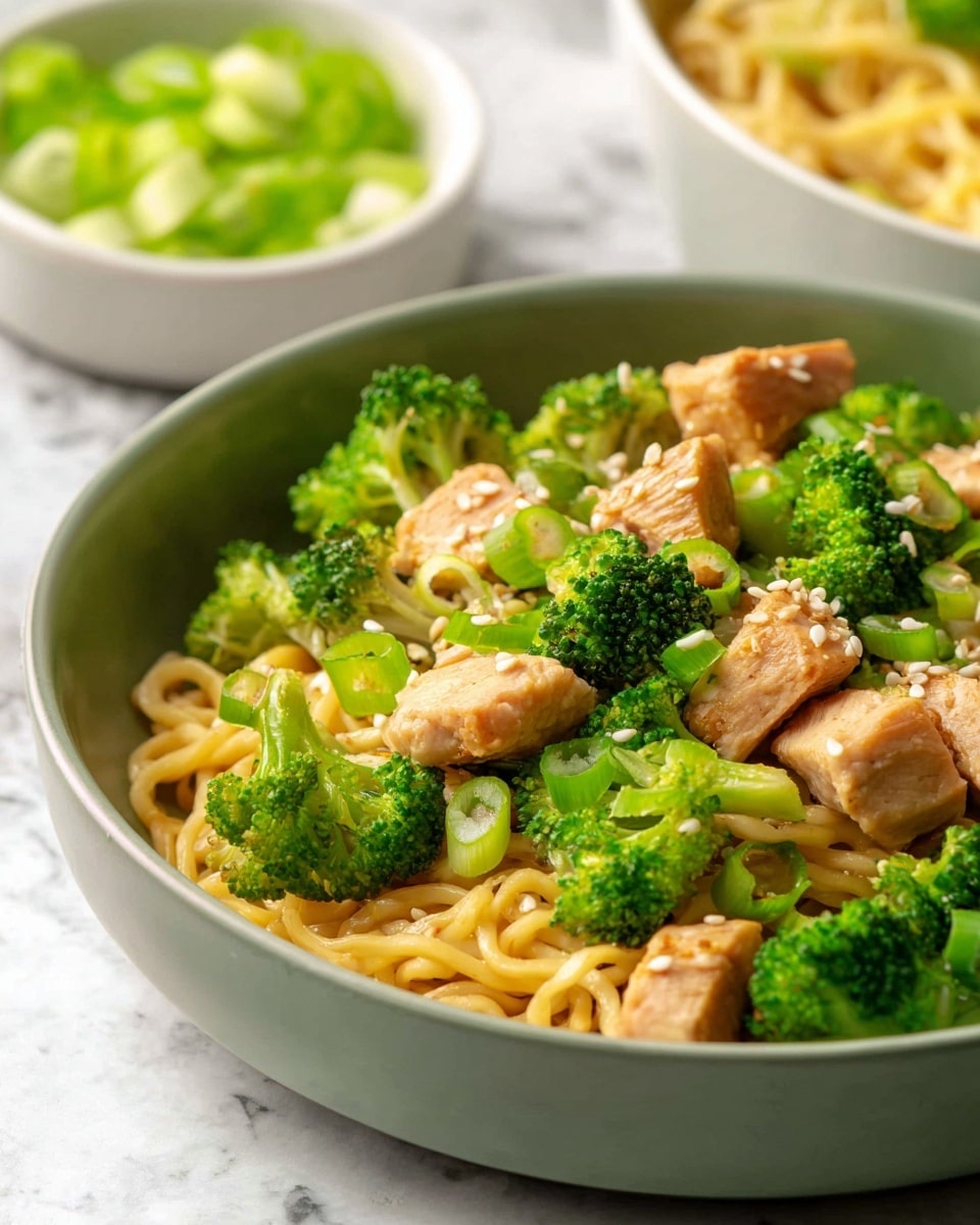 A close-up view of a bowl filled with three layers: the bottom layer is yellow cooked noodles, the middle layer has bright green broccoli pieces with a fresh texture, and the top layer consists of light brown grilled chicken chunks scattered evenly along with green sliced scallions and small white sesame seeds sprinkled all over. The bowl is white and rests on a surface with white marbled texture. In the background, there is a white bowl filled with sliced green scallions, slightly out of focus. photo taken with an iphone --ar 4:5 --v 7