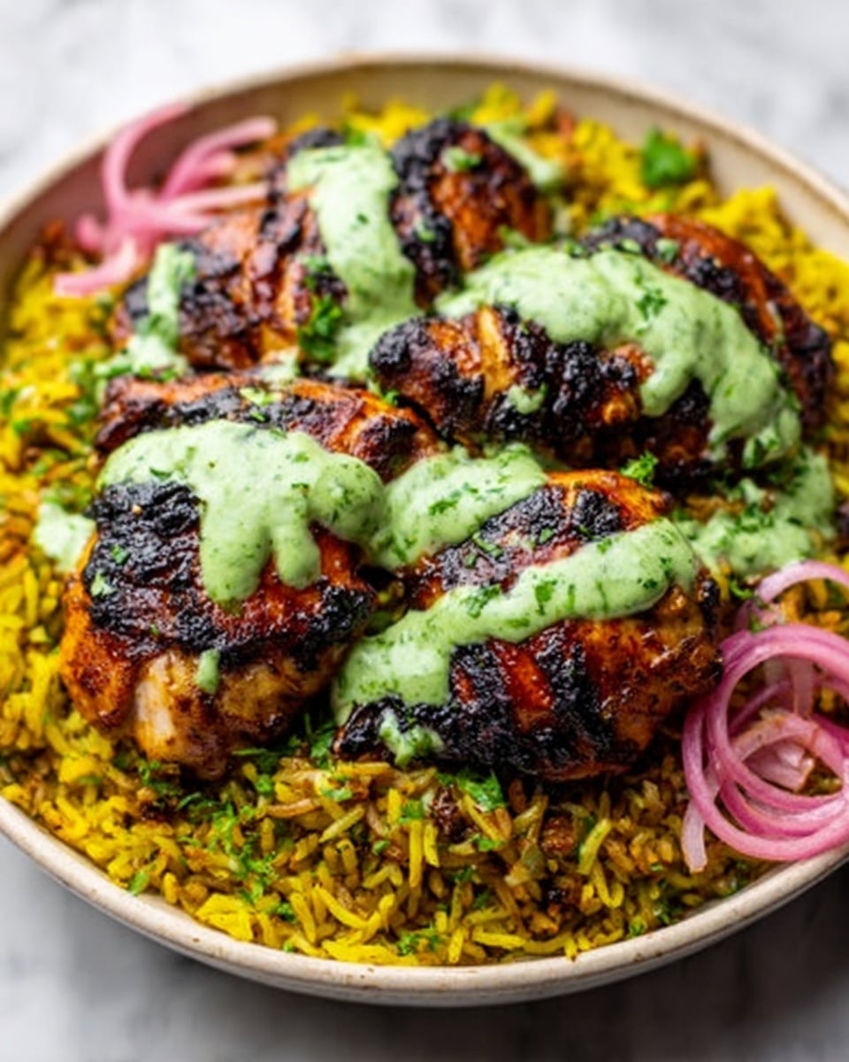 A large white plate filled with a bed of bright yellow rice mixed with green herbs, topped with three thick, round patties that have a dark, grilled surface showing grill marks. The patties are drizzled with a creamy, pale green sauce. On the side of the plate, there is a small white bowl filled with the same pale green sauce. The plate sits on a white marbled surface with a silver spoon placed on the edge of the plate. Photo taken with an iphone --ar 4:5 --v 7