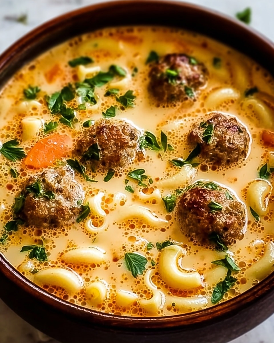 The image shows a deep brown bowl filled with creamy soup that has a light orange color. There are about five small, round meatballs scattered on top, each brown with some green herbs on them. The soup also has short macaroni noodles and small pieces of orange carrots floating in it. Bits of green parsley are sprinkled throughout the soup, adding a fresh color contrast. The soup surface has tiny bubbles and looks hot and tasty. The bowl is placed on a white marbled texture surface. photo taken with an iphone --ar 4:5 --v 7