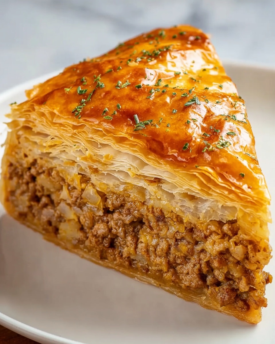 A close-up of a triangular slice of meat pie on a white plate shows four distinct layers: the top layer is a shiny, golden-brown, flaky pastry sprinkled with small green herb bits, the second layer below is a thin, light golden, layered flaky crust, followed by a thick, textured filling of cooked ground meat mixed with finely chopped onions and spices showing brown and beige colors, and the bottom layer is a thin, slightly crisp pastry crust that supports the filling; the background is a white marbled texture. photo taken with an iphone --ar 4:5 --v 7
