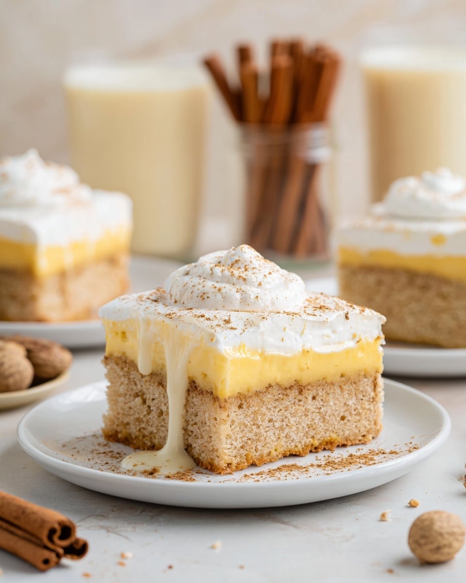 A square cake slice sits on a white plate placed on a white marbled surface, showing three layers: a thick, light brown spongy cake base at the bottom, a creamy yellow custard layer in the middle dripping slightly down the sides, and a smooth white whipped cream topping dusted lightly with brown spice powder. In the blurred background, there are two similar cake slices on white plates, a bunch of cinnamon sticks in a clear jar, some whole nutmegs in a light bowl, and two glasses filled with a pale cream drink, all arranged on the white marbled surface. photo taken with an iphone --ar 4:5 --v 7
