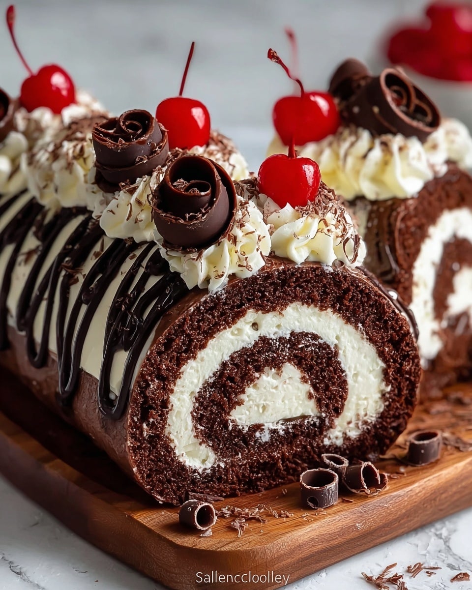 A chocolate roll cake is shown sliced on a wooden board with a white marbled texture background. The roll has three visible layers spiraled inside: a dark brown chocolate sponge cake layer and a thick white cream filling. The outside is covered in white cream with dark chocolate drizzles running down the sides. On top, there are white cream swirls, each topped with a shiny red cherry and a curled dark chocolate decoration. Chocolate curls are scattered around the base of the cake. Photo taken with an iphone --ar 4:5 --v 7