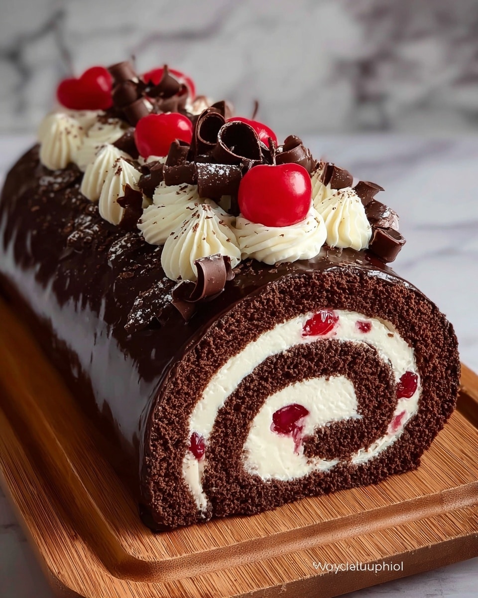 A chocolate roll cake with three main layers is shown. The outer layer is dark brown with a shiny chocolate coating that wraps the entire cake. Inside, a thick white cream layer spirals evenly through the dark chocolate sponge cake, with red cherry pieces scattered within the cream. On top of the cake, there are swirls of white cream, decorated with whole bright red cherries and curled dark chocolate pieces, giving a textured and rich look. The cake is placed on a brown wooden board with a white marbled texture background. Photo taken with an iphone --ar 4:5 --v 7
