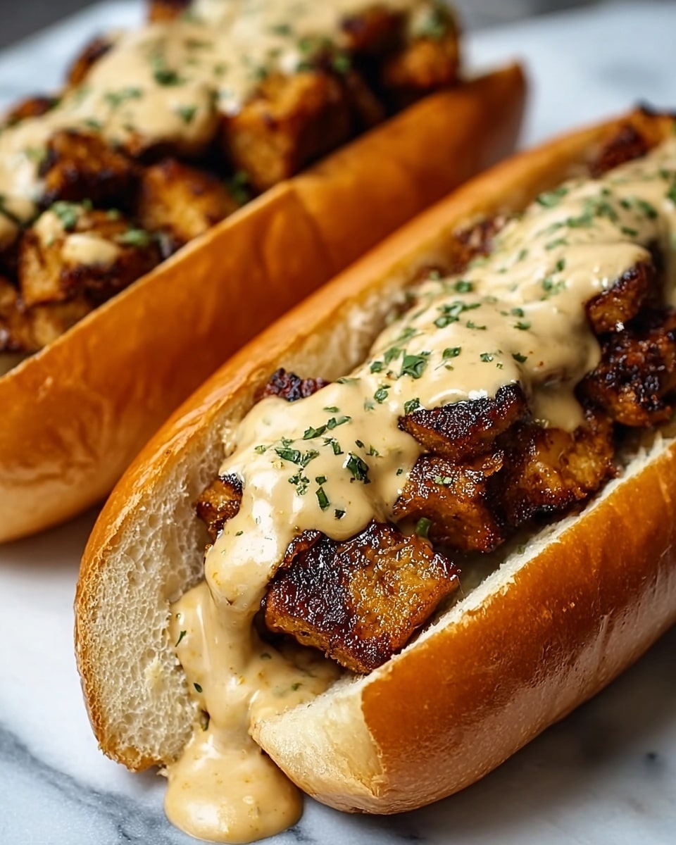 The image shows two sandwiches on a white marbled surface, each made of a soft, shiny golden-brown bun sliced open to hold the filling inside. The filling consists of several browned, crispy pieces of what looks like fried or grilled meat or plant-based protein with a textured surface. On top of the filling, there is a thick layer of creamy, light brown sauce with small green herbs sprinkled throughout, dripping slightly down the sides of the filling. The sandwiches are closely placed together, filling most of the frame. photo taken with an iphone --ar 4:5 --v 7