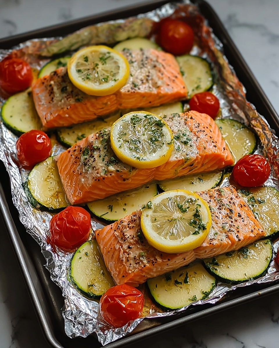 Several salmon fillets are placed on a baking tray lined with shiny foil. Each salmon fillet has three layers: the bottom layer is pink-orange with black specks of seasoning, the middle layer is a round, light sauce or butter with green herb flecks, and the top layer is a bright yellow lemon slice with visible pulp. Underneath each salmon fillet are thin green slices of zucchini. Around the salmon pieces are small, round, bright red cherry tomatoes. The tray is on a white marbled surface. photo taken with an iphone --ar 4:5 --v 7