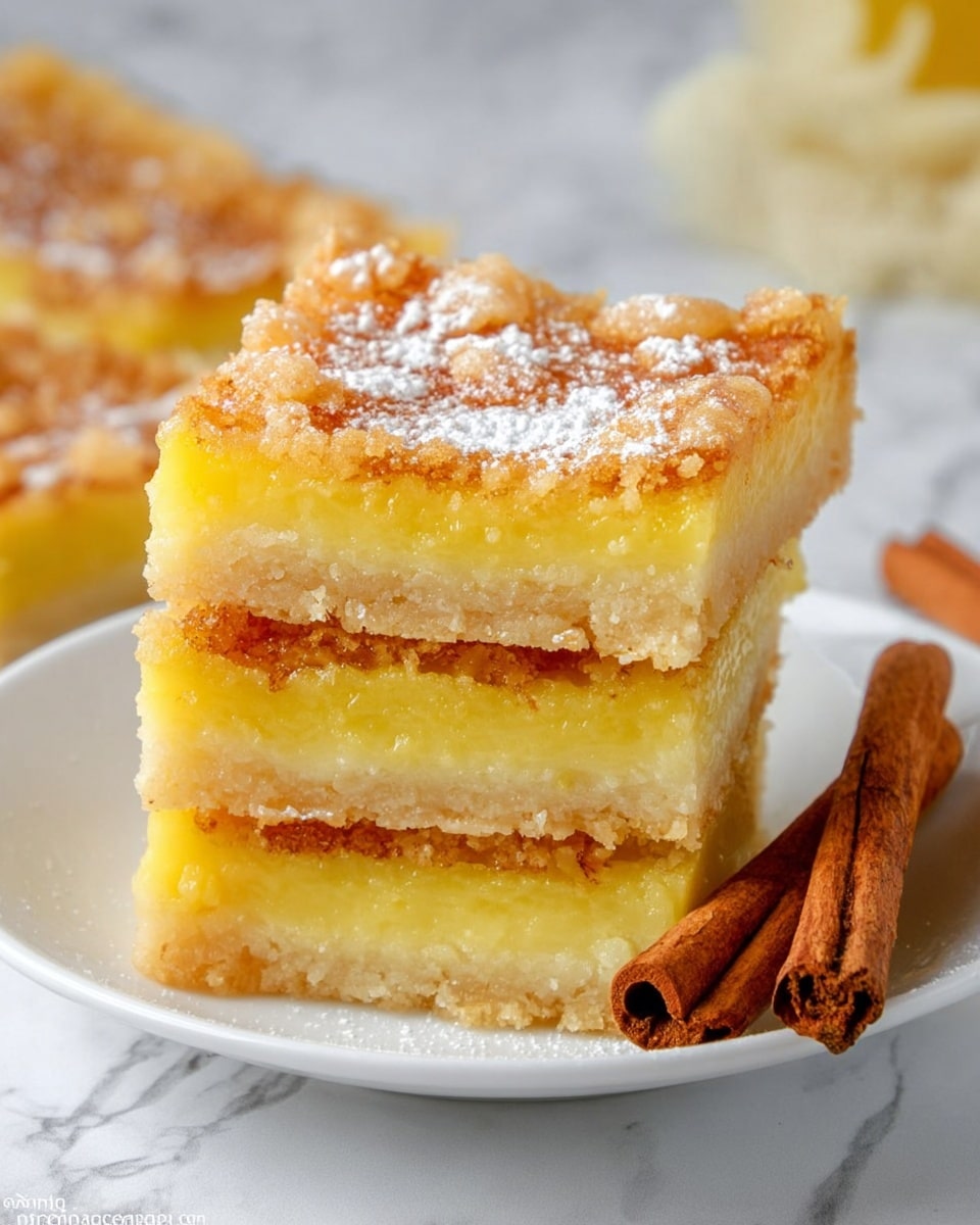 The image shows a close-up of three stacked pieces of a dessert bar on a white plate, each piece having three clear layers. The bottom layer is a thick, light golden crust with a dense and crumbly texture. The middle layer is a bright yellow, creamy custard-like filling that looks smooth and slightly gooey. The top layer is a thin, golden-brown baked crust with small, crunchy bits, dusted lightly with powdered sugar. Two cinnamon sticks lay next to the plate, enhancing the cozy feel. The background is a soft white marbled surface, and the overall look is warm and inviting. photo taken with an iphone --ar 4:5 --v 7