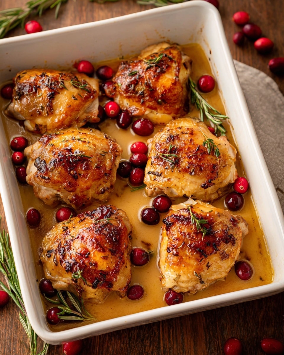 The image shows a close-up view of several cooked chicken thighs placed closely on a white baking dish. The chicken thighs are golden brown with slightly crispy skin, and they have small bits of roasted herbs and garlic on the surface. Scattered bright red cranberries and fresh green rosemary sprigs rest on and around the chicken pieces, adding color contrast. The chicken appears moist with some visible juices pooling in the baking dish. The background is a white marbled surface. photo taken with an iphone --ar 4:5 --v 7