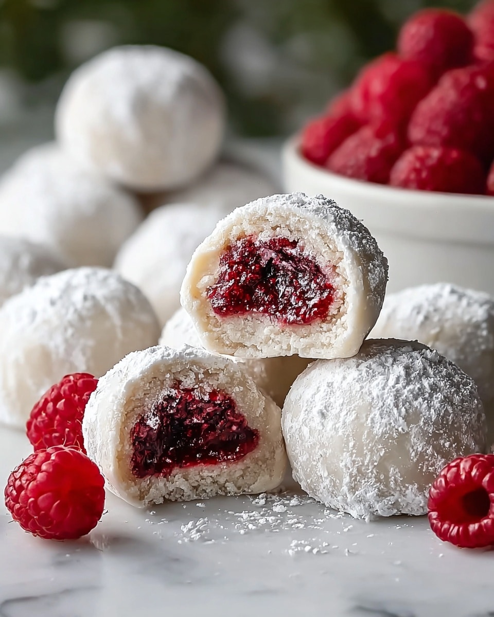 The image shows several round bite-sized treats with a white outer layer dusted with powdered sugar. The treats are cut in half to show a red, jam-like filling inside that looks soft and slightly textured. The white outer layer appears smooth with a slightly grainy powder coating. The treats are arranged on a white marbled surface, with a white bowl filled with fresh red raspberries blurred in the background. Photo taken with an iphone --ar 4:5 --v 7
