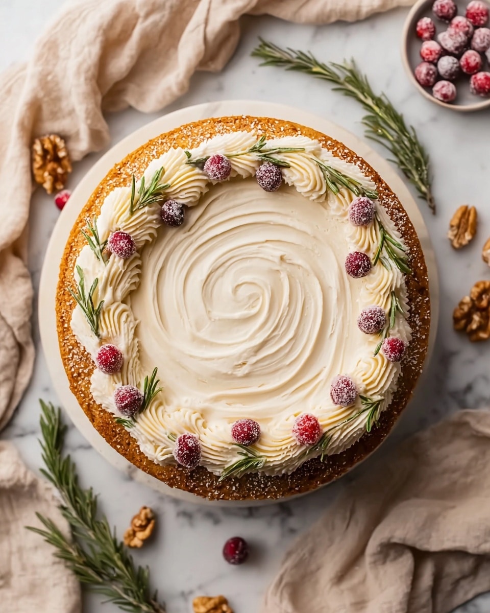 A round cake sits on a white marbled surface, topped with a thick layer of white whipped cream spread in a smooth swirl pattern at the center. Around the edge of the cake, there is a ring of piped whipped cream with a creamy texture, decorated with red sugared cranberries and small green rosemary sprigs evenly spaced. The cake base is golden brown with a slightly rough texture visible at the sides. Scattered around the cake on the white marbled surface are whole walnuts, loose cranberries, and rosemary sprigs. The background includes beige cloth fabric with soft folds. photo taken with an iphone --ar 4:5 --v 7