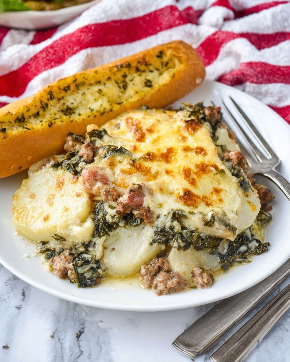 A white plate holds a baked casserole made of at least three visible layers: the bottom layer is made of thick potato slices with light brown edges, the middle layer has cooked ground meat mixed with green leafy kale, and the top layer is melted golden cheese that lightly browns in places. A golden brown breadstick with specks of green herbs rests beside the casserole on the plate. The plate is set on a white marbled surface with a red and white striped cloth partially visible behind it. A silver fork and knife are placed in front of the plate. photo taken with an iphone --ar 4:5 --v 7
