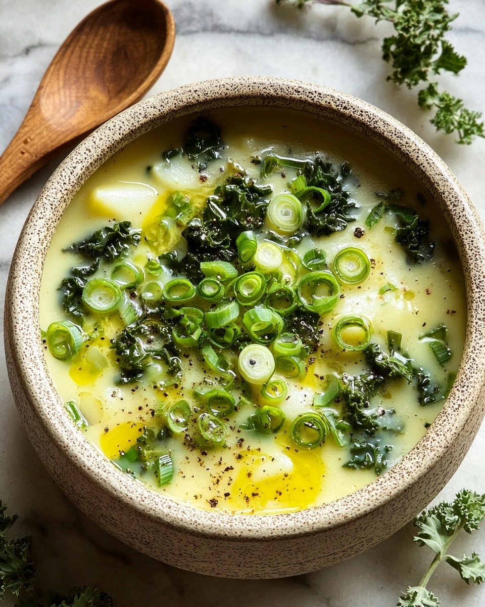 A rustic bowl filled with creamy soup showing three main layers: the base is a pale yellow creamy broth with small chunks providing a soft texture, the middle layer has dark green leafy kale pieces scattered evenly, and the top layer is decorated with thin, bright green rings of sliced scallions along with small green chopped pieces and a light drizzle of golden olive oil, sprinkled lightly with black pepper; the bowl itself is a speckled beige ceramic, sitting on a white marbled surface, with a wooden spoon off to the side and small green herb leaves nearby; photo taken with an iphone --ar 4:5 --v 7