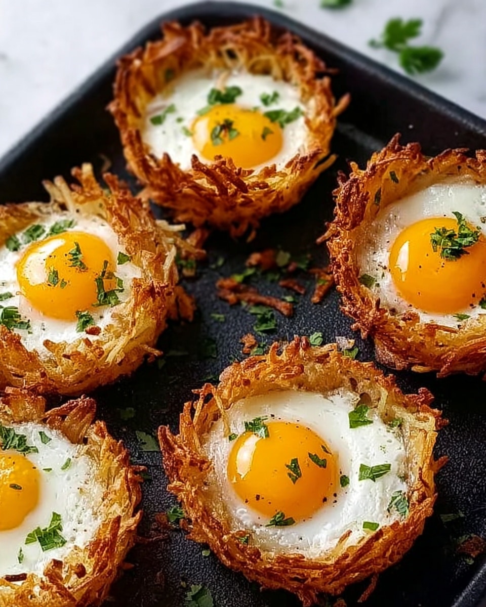 The image shows five nest-shaped cups made from golden-brown crispy shredded potatoes, each holding a cooked sunny-side-up egg with bright yellow yolks and firm white edges. The potato nests have a crunchy texture with some rough, uneven strands visible, and the eggs sit perfectly inside the center of each nest. Small green herb pieces, possibly parsley, are sprinkled on top of the eggs for a touch of color and freshness. The nests are placed on a dark non-stick pan with some potato shreds scattered around. The background surface is white marbled texture. photo taken with an iphone --ar 4:5 --v 7
