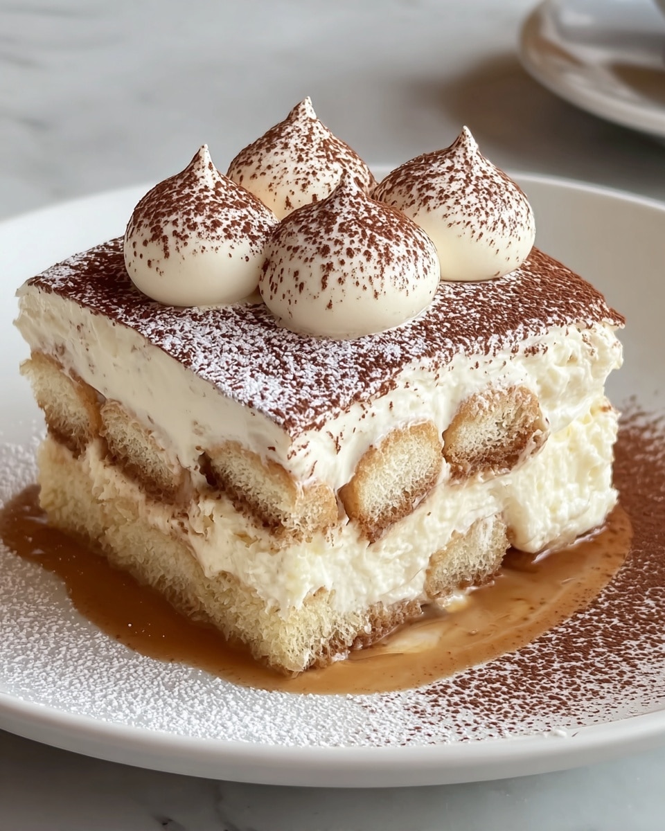 A square piece of tiramisu dessert sits on a white plate with a white marbled texture underneath. The dessert has three visible layers: the bottom layer is a soft, light beige sponge cake soaked in a brown coffee sauce that pools around the cake on the plate; the middle layer consists of a creamy white mixture that holds two light beige soaked ladyfinger biscuits horizontally embedded in it; the top layer is a thick, smooth white cream evenly spread and dusted generously with fine dark brown cocoa powder. Four dollops of the same white cream are placed on top in a pyramid shape, each topped lightly with cocoa powder. The plate is also decorated with a light dusting of white powdered sugar. photo taken with an iphone --ar 4:5 --v 7