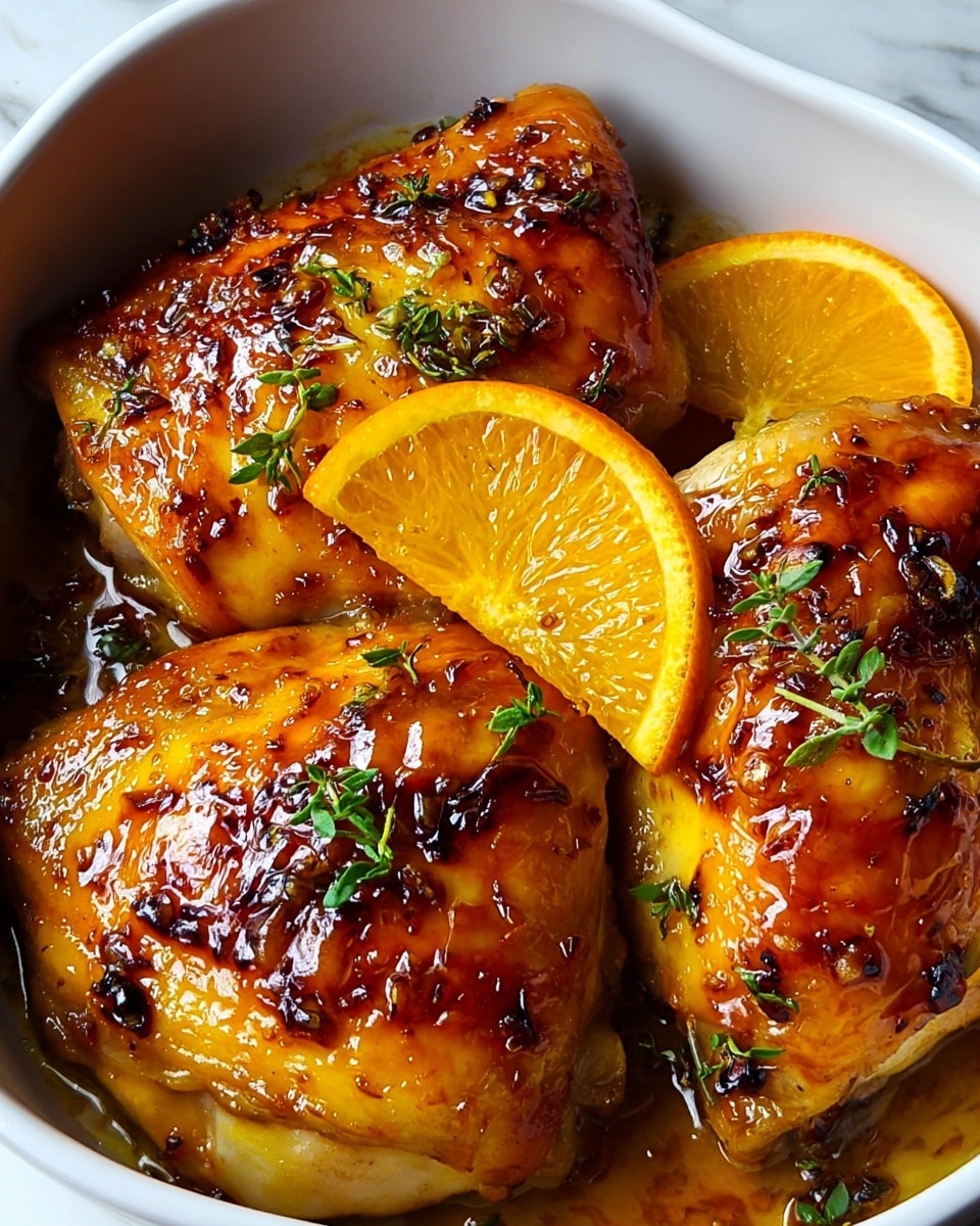The image shows three pieces of roasted chicken with a golden-brown, crispy skin, glistening with a sticky glaze. The chicken is placed close together in a white serving dish, with two thin slices of orange resting on the chicken, adding a bright pop of orange color. Small green herb leaves are scattered over the chicken, adding a fresh touch. The surface under the dish is a white marbled texture. Photo taken with an iphone --ar 4:5 --v 7