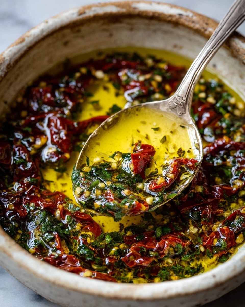 A close-up view of a rustic white bowl filled with a mixture of sun-dried tomatoes, olive oil, and finely chopped herbs. The top layer is shiny olive oil with a golden yellow color, slightly pooling with the herbs and small red sun-dried tomato pieces mixed throughout. The sun-dried tomatoes are dark red and wrinkled, scattered evenly in the glossy olive oil along with green herb bits that add texture and color contrast. A silver spoon with an antique look is dipping into the mixture, showing the oily surface and herbs on the spoon's surface. The bowl rests on a white marbled texture surface, giving a clean and natural background. Photo taken with an iphone --ar 4:5 --v 7