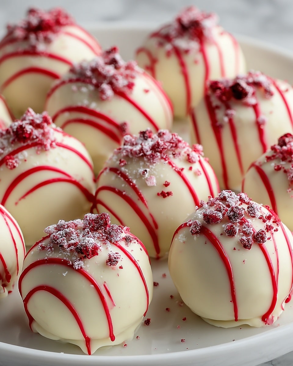 A plate of smooth white chocolate truffles arranged closely together on a white marbled surface, each truffle is round with a creamy white chocolate outer layer, decorated with thin red chocolate lines drizzled over the top in a random pattern, and topped with small clusters of crushed red berry pieces and light dustings of powdered sugar, giving a textured and festive look to each truffle. photo taken with an iphone --ar 4:5 --v 7