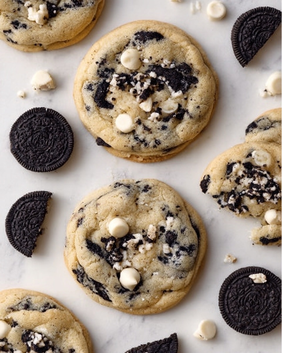 The image shows several soft cookies with a light golden brown base studded with black cookie chunks and white chocolate chips, placed directly on a white marbled surface. Some whole black sandwich cookies and broken pieces are scattered around the cookies, adding contrast to the scene. The texture of the cookie dough looks soft and slightly chewy, with visible melted chocolate pieces inside. The overall scene is bright and clean, focusing on the mix of colors from the cookie dough, black cookie bits, and white chocolate chips. Photo taken with an iphone --ar 4:5 --v 7
