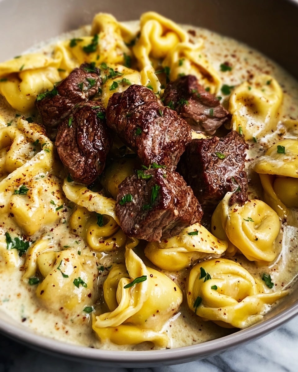 A close-up view of a dish with two main layers, the bottom layer is a creamy sauce with small specks of pepper, surrounding golden-yellow tortellini pasta which looks soft and stuffed, folded into neat, plump shapes. On top, there are chunks of well-cooked beef with a brown crust and juicy interior, garnished with small pieces of green herbs scattered evenly over the pasta and meat. The food rests in a white dish, set on a white marbled textured surface. The lighting shows the glossy, rich texture of both the creamy sauce and the tender meat. photo taken with an iphone --ar 4:5 --v 7