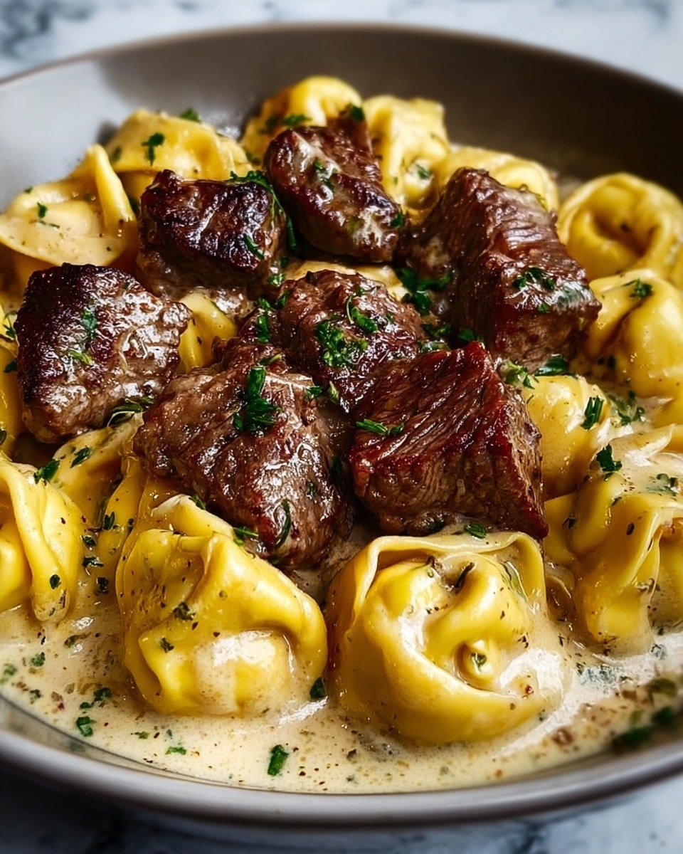 A close-up dish showing two main layers on a white plate: the bottom layer has yellow tortellini pasta with a smooth, glossy texture covered lightly in a cream sauce, while the top layer is made up of several pieces of browned, juicy beef with a slightly charred surface, sprinkled with chopped green herbs for contrast. The creamy sauce pools slightly around the pasta and meat, enhancing the rich look of the dish, all set on a white marbled textured surface. Photo taken with an iphone --ar 4:5 --v 7