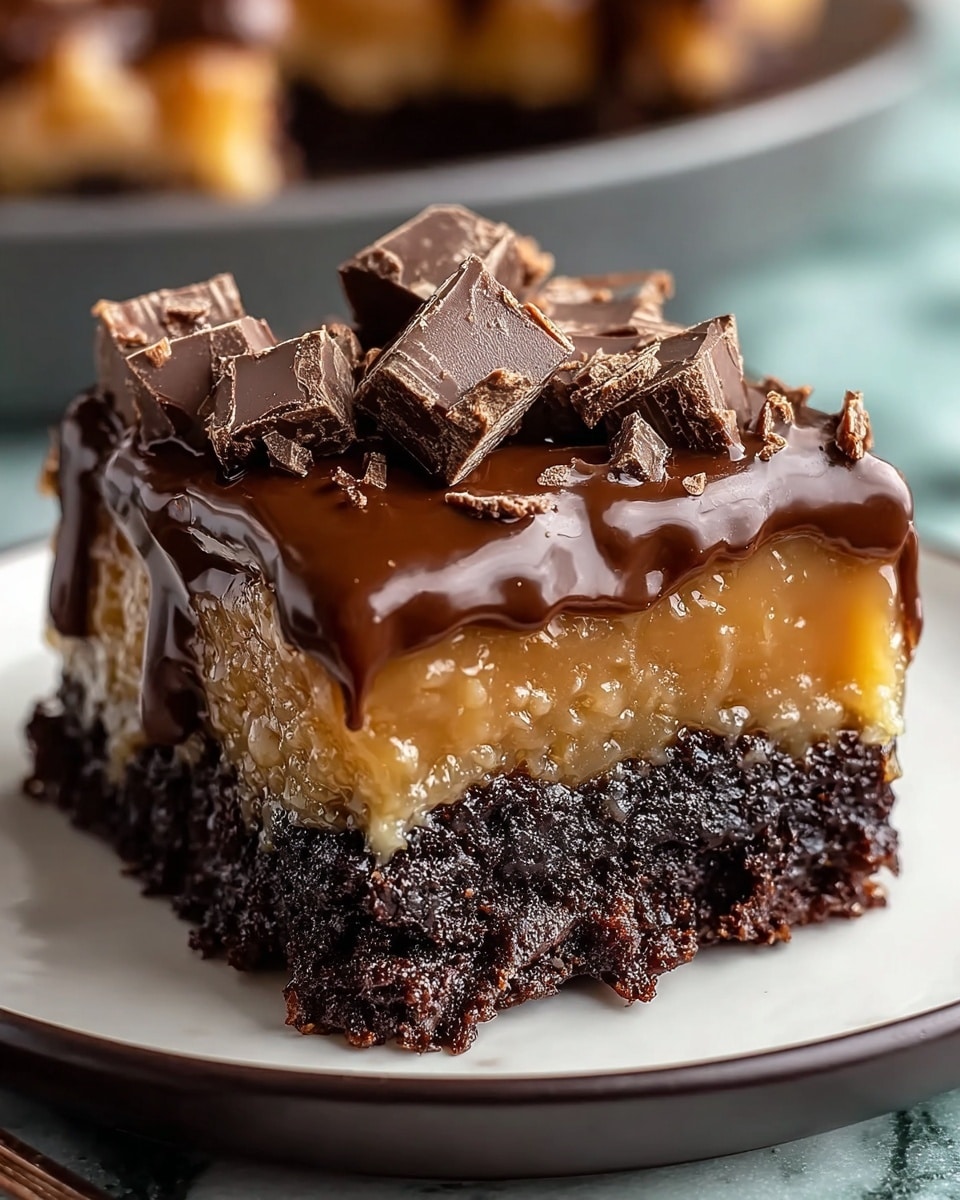 A square dessert with three clear layers sits on a white plate over a white marbled texture. The bottom layer is thick and crumbly, dark brown in color, resembling a dense chocolate cake. The middle layer is slightly shiny and textured, pale golden with visible coconut bits, giving a chewy appearance. The top layer is smooth and glossy milk chocolate, dripping slightly down the sides of the dessert. Scattered on top are irregular small chunks and chips of dark chocolate, adding a rough texture to the shiny chocolate layer. photo taken with an iphone --ar 4:5 --v 7