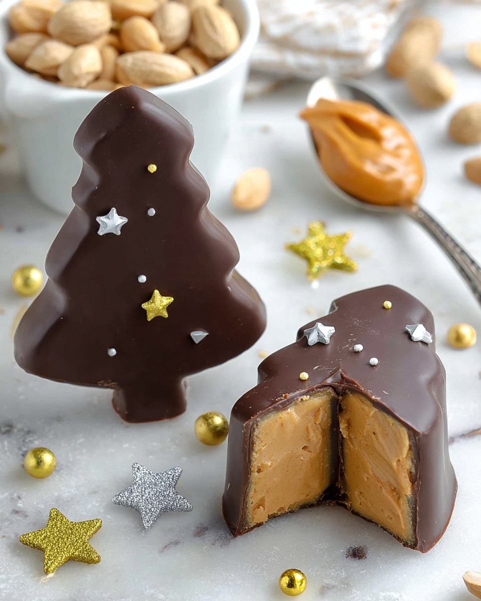 This image shows two chocolate-covered treats shaped like Christmas trees on a white marbled surface. One treat is whole, dark brown and smooth with a slightly glossy chocolate coating, while the other is cut in half, revealing a thick, light beige peanut butter-like filling inside a similar chocolate shell. Around the treats are small colorful star-shaped and bead-like sprinkles in yellow, white, silver, and gold colors, along with whole peanuts scattered nearby. In the background, there is a white bowl filled with light brown peanuts and a spoon with peanut butter on it. Photo taken with an iphone --ar 4:5 --v 7