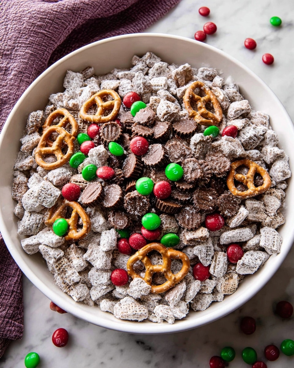 A close-up view of a snack mix in a white bowl filled with multiple layers: the base layer consists of small, irregular-shaped pieces coated thickly in white powdered sugar, creating a rough and powdery texture; scattered on top are shiny red, green, and dark red candy-coated chocolates, adding bright, smooth, and glossy spots of color; mixed throughout are small peanut butter cups with a ribbed outer edge and smooth tops, showing a rich brown color and a solid texture, some standing upright while others lie on their sides. The bowl sits on a white marbled surface. photo taken with an iphone --ar 4:5 --v 7