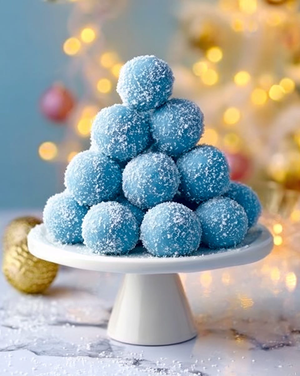 A pyramid of smooth, round blue balls stacked on a white cake stand with a wide base and a short stem, each ball evenly coated in a light blue layer with a rough texture of white sprinkles on the outer surface, set against a blurry background of soft yellow fairy lights and festive decorations, resting on a white marbled surface photo taken with an iphone --ar 4:5 --v 7