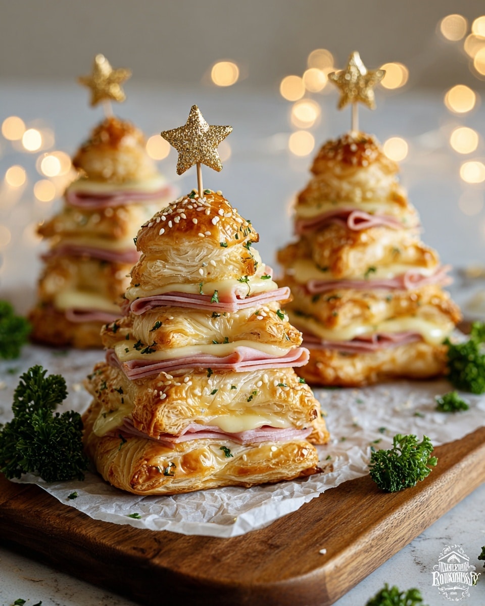 This image shows a layered pastry shaped like a small Christmas tree, made with five visible layers of golden brown, flaky puff pastry stacked in a cone shape. Between each pastry layer, there are slices of pink ham and melted creamy white cheese, with the cheese slightly oozing out. The pastry is sprinkled with sesame seeds and finely chopped green herbs, adding a touch of color and texture on top. The top of the tree is decorated with a small golden star pick. The pastries are on a white piece of parchment paper placed on a wooden board, with some green parsley around for garnish, all set against a dark blurred background. photo taken with an iphone --ar 4:5 --v 7