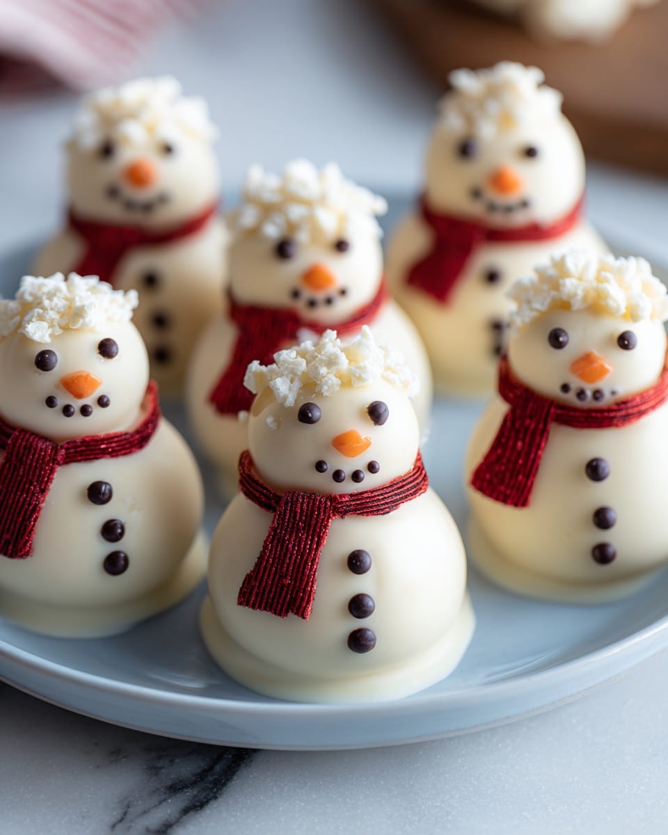 A group of six snowman-shaped treats sit closely on a round white plate with detailed edges, placed on a white marbled textured surface. Each snowman has two round white chocolate-coated layers stacked, the bottom larger than the top, forming the body and head. Their faces have small round black chocolate eyes and a mouth made of tiny black dots. The nose is a small orange triangular candy. Each snowman wears a red scarf with a textured pattern wrapped around their neck. The top of each head is decorated with small white and orange sprinkles, adding texture. The overall look is smooth, glossy, and festive, capturing a cozy winter feeling. photo taken with an iphone --ar 4:5 --v 7