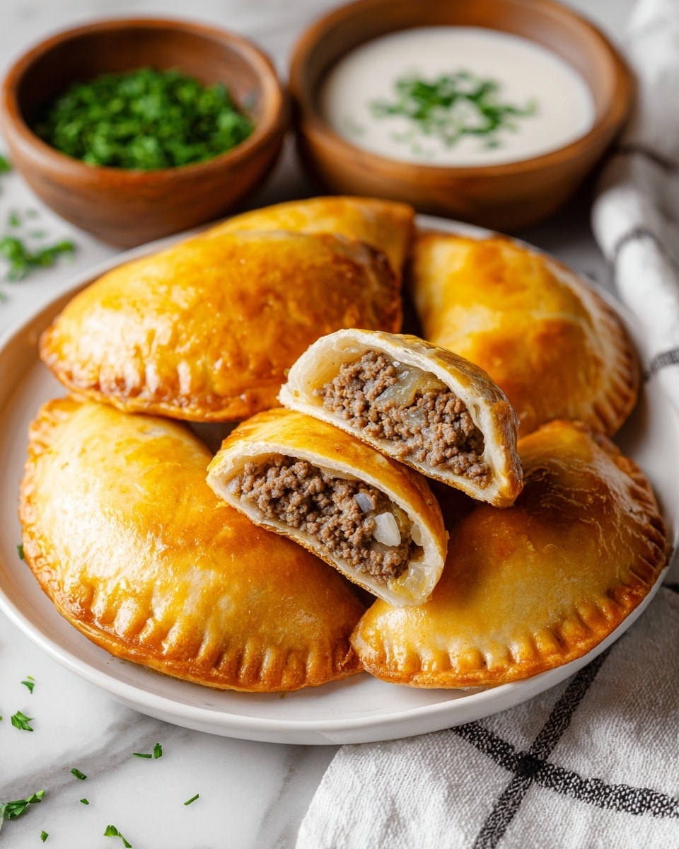 On a white plate, there are five golden brown empanadas arranged in a scattered pile on a white marbled surface. One empanada is cut in half showing two layers inside: the outer shiny, crispy crust with a light tan color, and the filling made of cooked ground meat mixed with small bits of white onion, slightly moist, packed tightly. In the background, there are two small wooden bowls with finely chopped green herbs and creamy white sauce. The scene includes a white and gray striped cloth near the plate. Photo taken with an iphone --ar 4:5 --v 7
